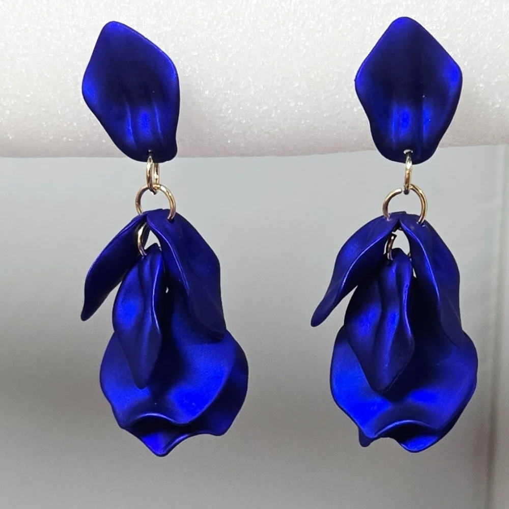 Royal Blue Flower Petal Earrings Sculptural Floral Statement Dangle Earrings New